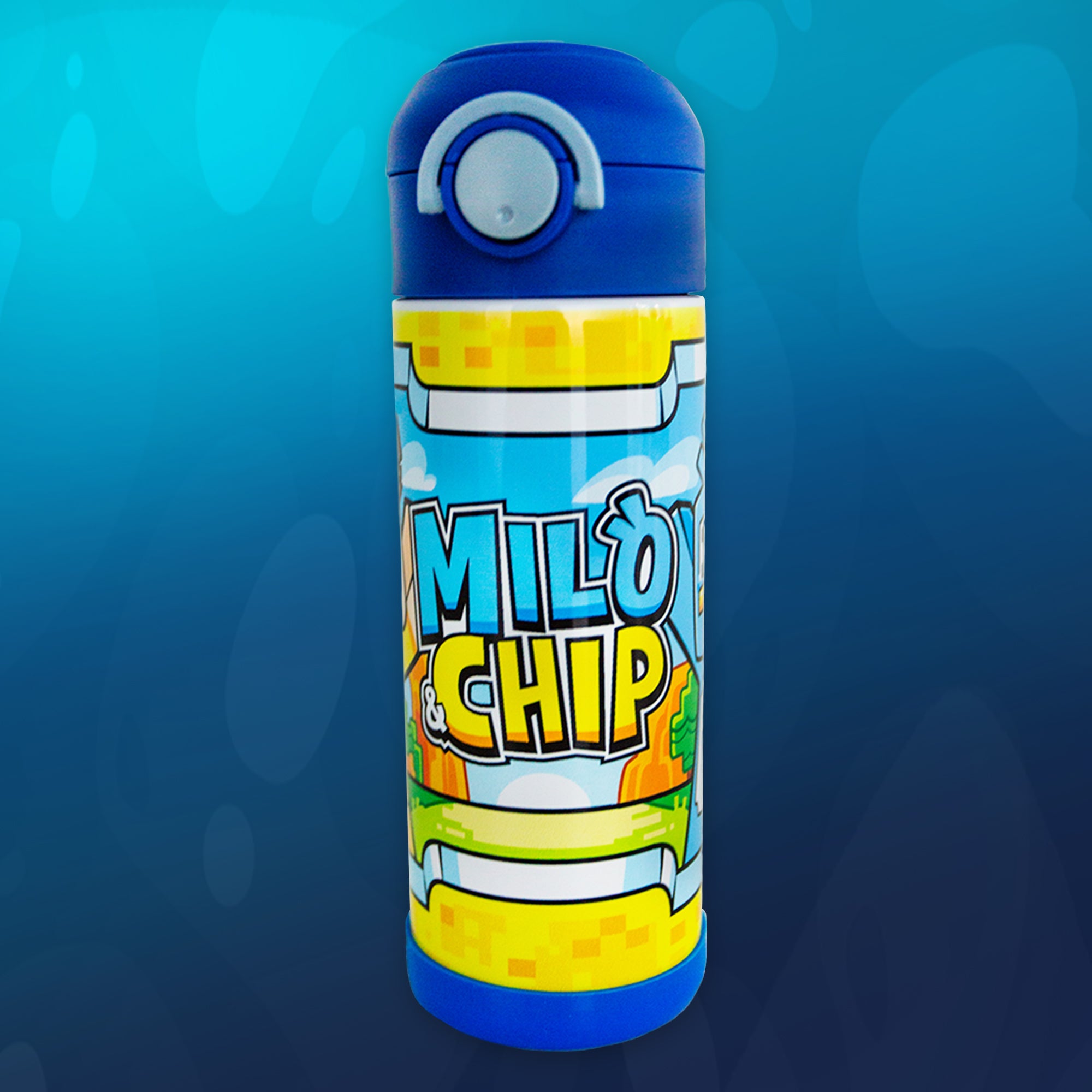 Front view of official Milo and Chip Water Bottle