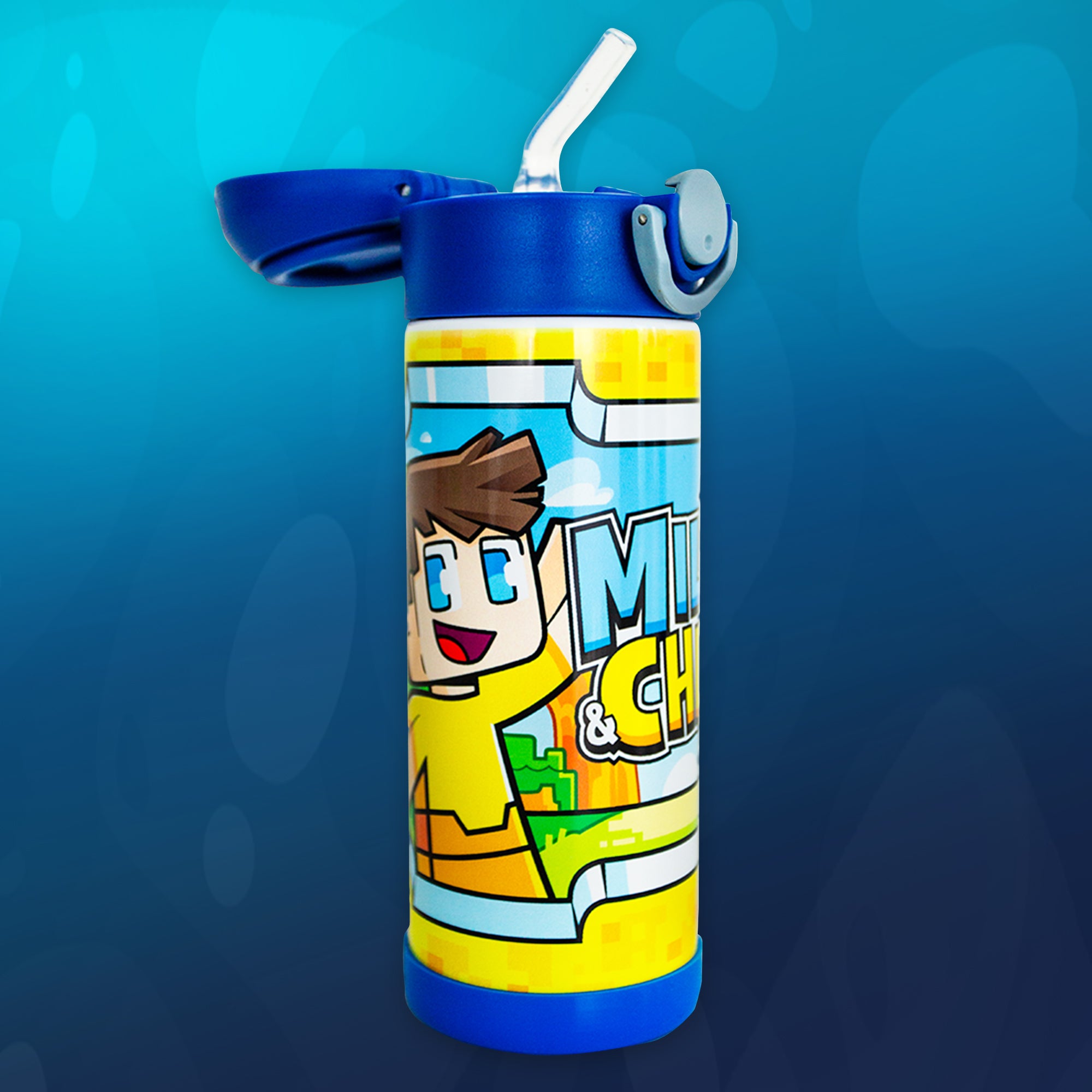 Side view of official Milo and Chip Water Bottle with open lid, showing straw