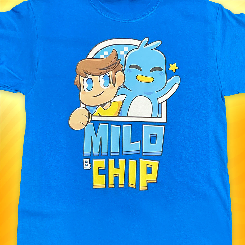 Close up of Milo and Chip official turquoise tee shirt